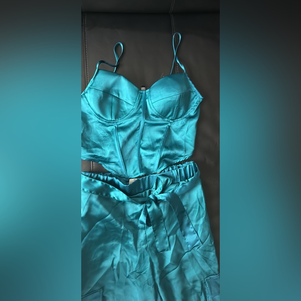 Turquoise Satin Bustier and Skirt Set